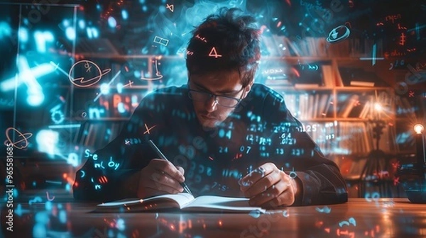 Obraz A man, immersed in mathematical equations, performs complex calculations in his mind while jotting down notes. The image visually represents the power of the human mind