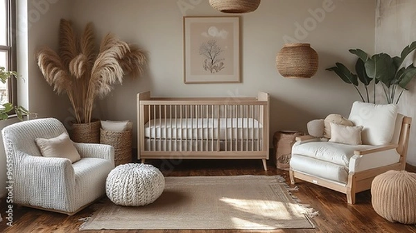 Fototapeta A serene neutral nursery featuring muted tones of ivory and taupe, cozy textures like wool and linen, minimalist wooden furniture, soft natural light filling the space,