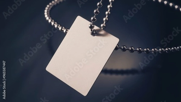Obraz A realistic vector mock-up of a blank white square clothing label attached to a metal ball chain, serving as an empty price tag template for design purposes.