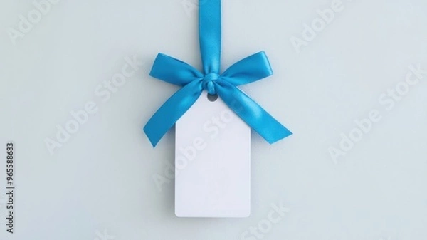 Obraz A blank badge mock-up isolated on white, featuring an empty name tag hanging on a neck with a string, including a blue ribbon and transparent plastic paper holder, suitable for corporate designs.