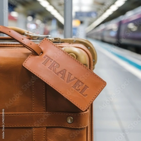 Obraz A close-up shot of a classic brown leather suitcase with a ‘TRAVEL’ tag, set against a blurred train station background. This image captures the essence of adventure and nostalgia.