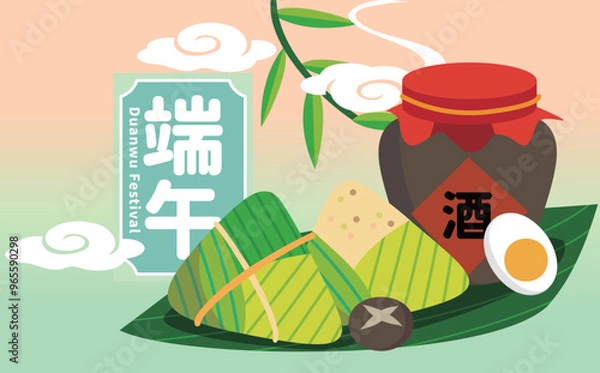 Obraz Dragon Boat Festival design with dragon boat and rice dumplings vector illustration. Chinese translation: Good luck for Dragon Boat Festival.