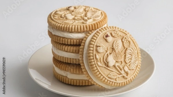 Obraz Sandwich cookies with cream filling, presented in 3D and isolated on a white background.