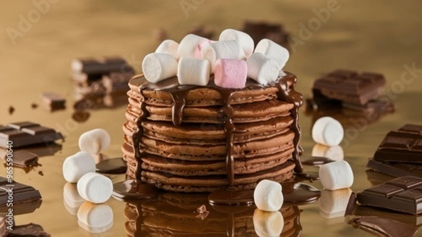 Obraz Perfectly cooked pancakes oozing with chocolate syrup, complemented by the contrasting textures of soft marshmallows and crunchy chocolate pieces. A visual feast for food enthusiasts.