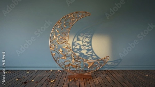 Obraz Ramadan crescent on modern blue wall background. Design creative concept of Islamic celebration day Ramadan Kareem or Eid al fitr or adha, copy space text area, 3D illustration.