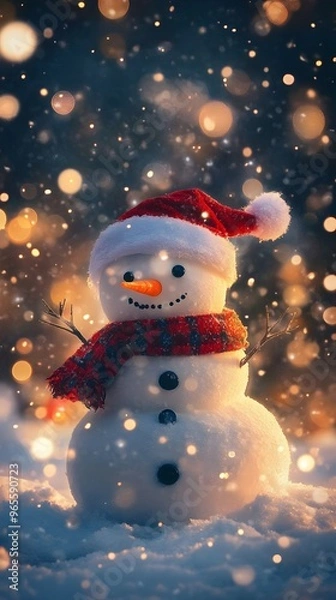 Fototapeta Snowman in Red Hat and Scarf with a Bokeh Background