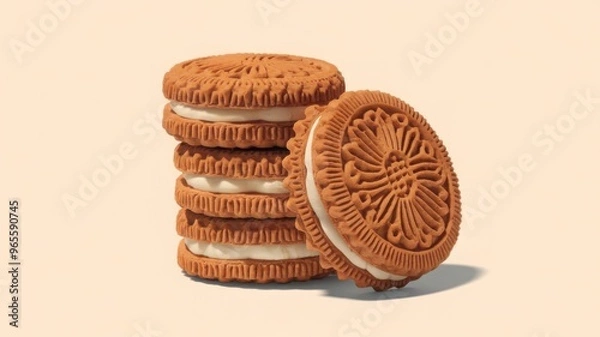 Obraz Sandwich cookies with cream filling, presented in 3D and isolated on a white background.