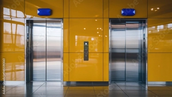 Obraz Chrome doors of an office elevator, both open and closed, set against yellow wall panels in a vector depiction.