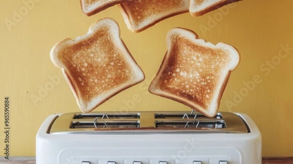 Obraz Toast slices jumping out of a toaster against a vibrant yellow background, illustrated in vector form, Perfectly toasted bread popping out of a stainless steel toaster, frozen in mid-air.