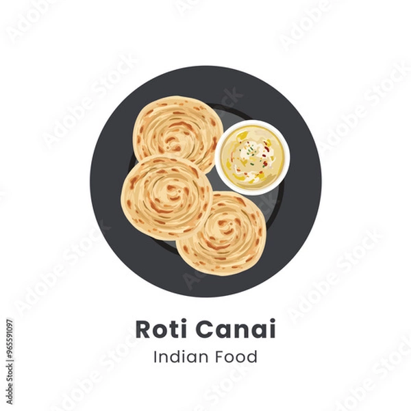 Fototapeta Hand drawn vector illustration of Roti Parata or Roti canai or Roti maryam with lamb curry sauce