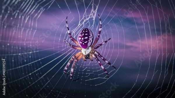 Obraz Background featuring a spider and cobweb with a spooky theme on a purple backdrop, illustrated in vector style.