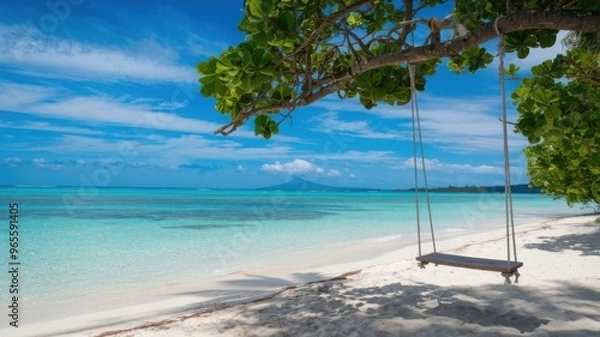Obraz A tranquil tropical beach backdrop features a beach swing or hammock, white sand, and a serene sea, ideal for relaxation and summer holidays.