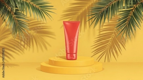 Obraz A round podium holding a red tube of sunscreen, symbolizing protection against ultraviolet rays and the sun's harmful effects on the skin.