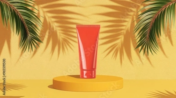 Obraz A round podium holding a red tube of sunscreen, symbolizing protection against ultraviolet rays and the sun's harmful effects on the skin.
