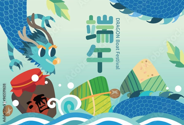 Obraz Dragon Boat Festival design with dragon boat and rice dumplings vector illustration. Chinese translation: Good luck for Dragon Boat Festival.