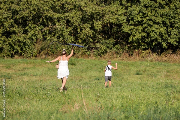 Fototapeta Woman with child running on a green meadow, flying a kite in park