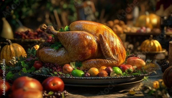 Fototapeta Thanksgiving Feast Banner with Abundant Harvest on Rustic Table in Warm Atmosphere