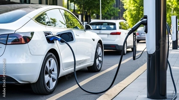 Fototapeta A white electric car is charging at a modern station with blue connectors and a digital display, set against a lush background, emphasizing the transition to sustainable transportation