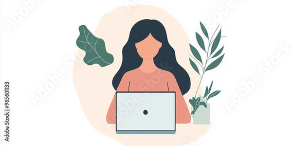 Fototapeta front view of a woman working in the laptop. vector illustration