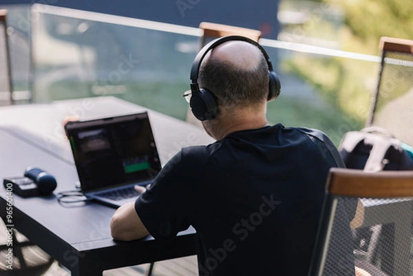 Fototapeta Back view from professional video editor editing video at vacation. Middle aged man using laptop and hard drives. Wireless headphones 