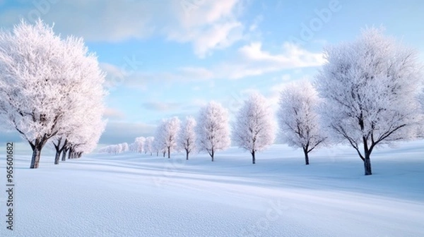 Fototapeta A row of trees covered in snow on a sunny day, AI