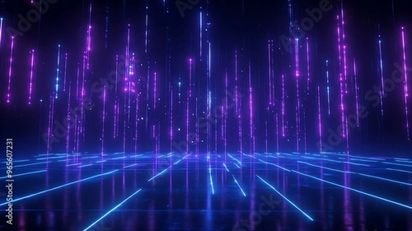 Fototapeta A mesmerizing digital landscape featuring vibrant blue and purple lights, creating a futuristic and immersive atmosphere. Stage for product presentation.