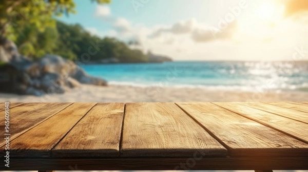 Fototapeta Summer Beach Scene with Wooden Tabletop