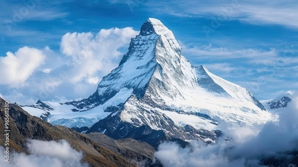 Fototapeta A snowy mountain peak with clouds swirling around, creating a majestic winter scene