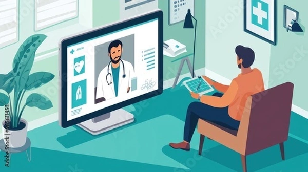 Fototapeta Doctor is having a video consultation with a patient using telemedicine technology