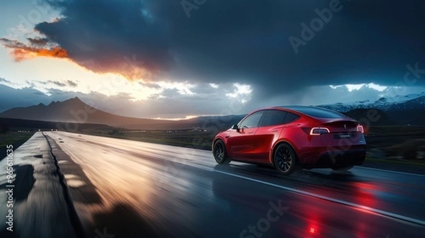 Fototapeta A sleek red car drives along a wet road under a dramatic sky at sunset.