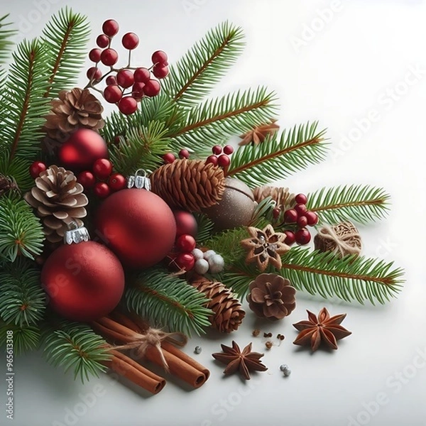 Fototapeta Christmas composition with pine branches, red baubles, pinecones, cinnamon sticks, and star anise on white background. Flat lay with copy space for holiday greeting card or poster