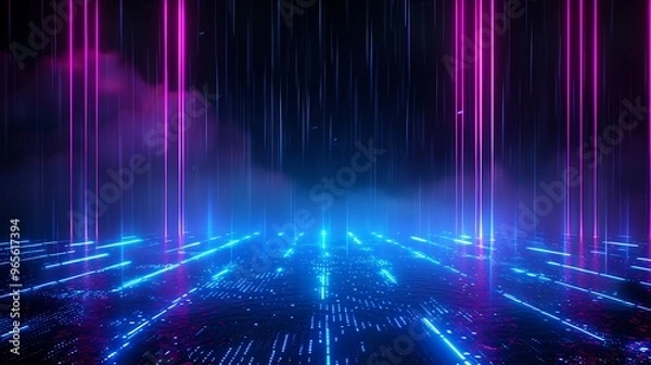 Fototapeta A vibrant neon landscape featuring glowing lines and a futuristic atmosphere, perfect for technology and digital themes. Stage for product presentation.
