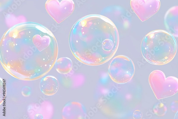 Fototapeta Colorful Floating Bubbles with Heart Shapes on Clear Background