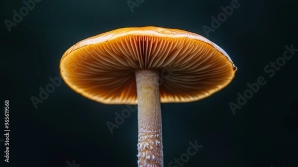 Fototapeta A close-up of a single mushroom with its gills visible, set against a dark background to highlight its detailed structure and natural beauty.