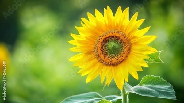 Obraz A close-up of a single sunflower with vibrant yellow petals against a blurred green background, capturing the details of the flower's center.