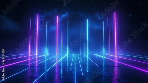 Fototapeta Futuristic neon lights create a vibrant and immersive atmosphere, perfect for dance, music, or tech-themed projects. Stage for product presentation.