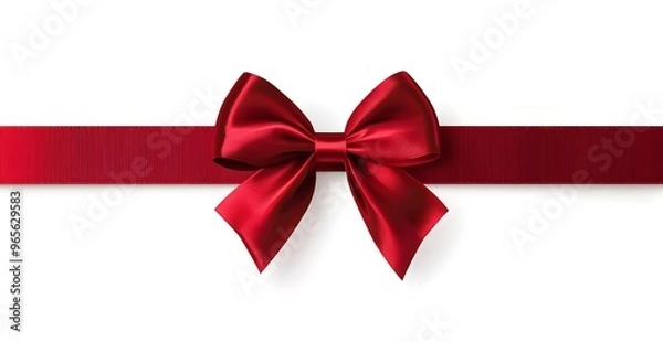 Fototapeta A single red satin bow tied with a red satin ribbon. The ribbon is horizontal with the bow centered. It is isolated on a white background.