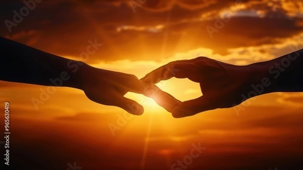 Fototapeta Two hands reaching towards each other against a stunning sunset, symbolizing connection, love, and unity in a beautiful moment.