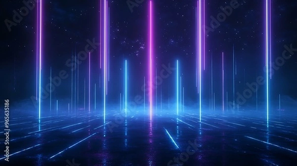 Fototapeta Vibrant neon pillars in a futuristic setting with a reflective floor, creating a surreal and mesmerizing atmosphere. Stage for product presentation.