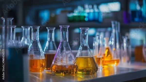 Fototapeta A chemistry lab with various glassware, bubbling liquids, and scientists in white coats,
