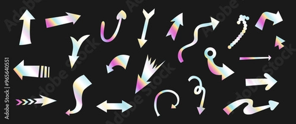 Fototapeta A set of holographic arrows and pointers. Luminous arrow stickers. Rainbow arrows, pointers. Vector illustration.