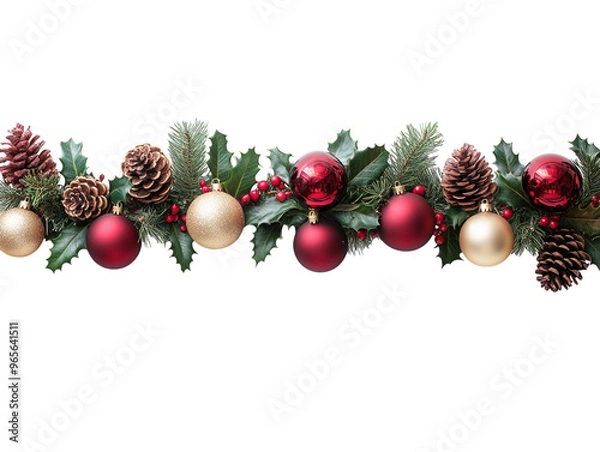 Obraz Christmas garland with red and gold ornaments, pinecones, and holly on a white background.  PNG transparent.