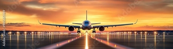Fototapeta A dramatic sunset view of an airport runway, with the silhouette of a plane in the background, the runway lights in sharp focus, creating a cinematic and breathtaking scene