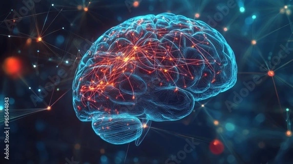 Fototapeta A detailed illustration of a human brain with neural connections highlighted, representing neuroscience.