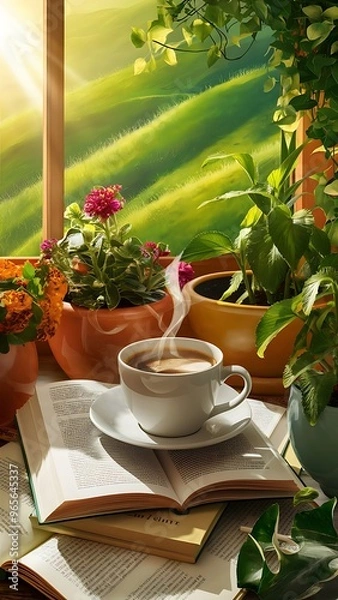 Fototapeta Cup of coffee on books and plants in flowerpots on green background