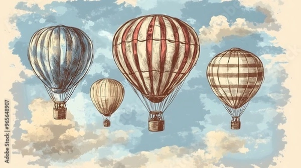 Fototapeta Playful Hand-Drawn Hot Air Balloons Floating in Whimsical Sky - Sketch Style Illustration of Colorful Balloons in the Air\
