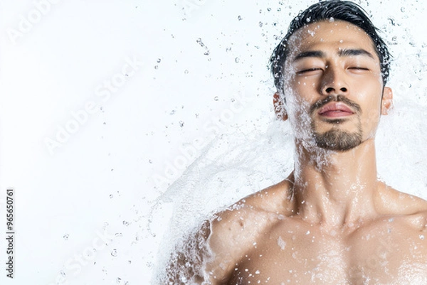 Fototapeta 水を浴びるアジア人男性、メンズビューティー