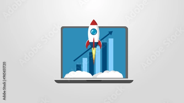 Fototapeta Growth and Progress, Rocket Taking Off from Laptop Screen, Boosting Business Success	
