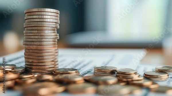 Fototapeta Pay day graphic, paycheck on a desk with scattered coins, payday excitement, 3D rendering