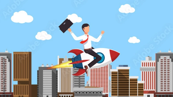 Fototapeta Businessman on Rocket Flying symbolizing Rocketing to Success, Business Growth Takes Off, Launching to New Heights of Success	